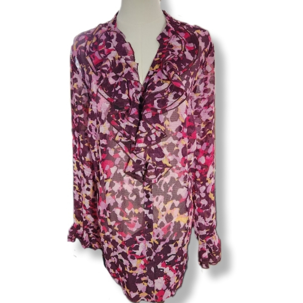 Lane Bryant Floral Ruffle Button-up Blouse Ruffled Pink & Purple 18/20